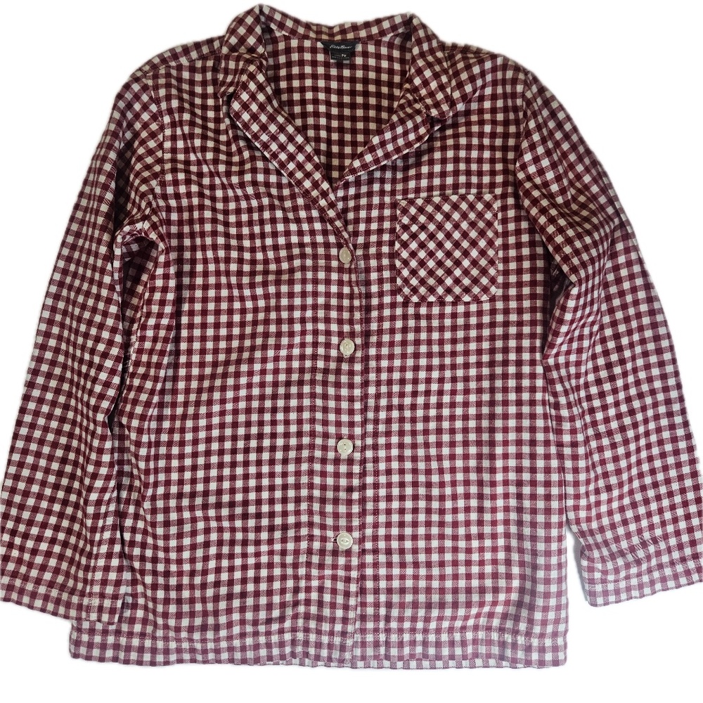 Eddie Bauer Shirt Womens Petite‎ Medium Red White Gingham Pajama Top Cotton